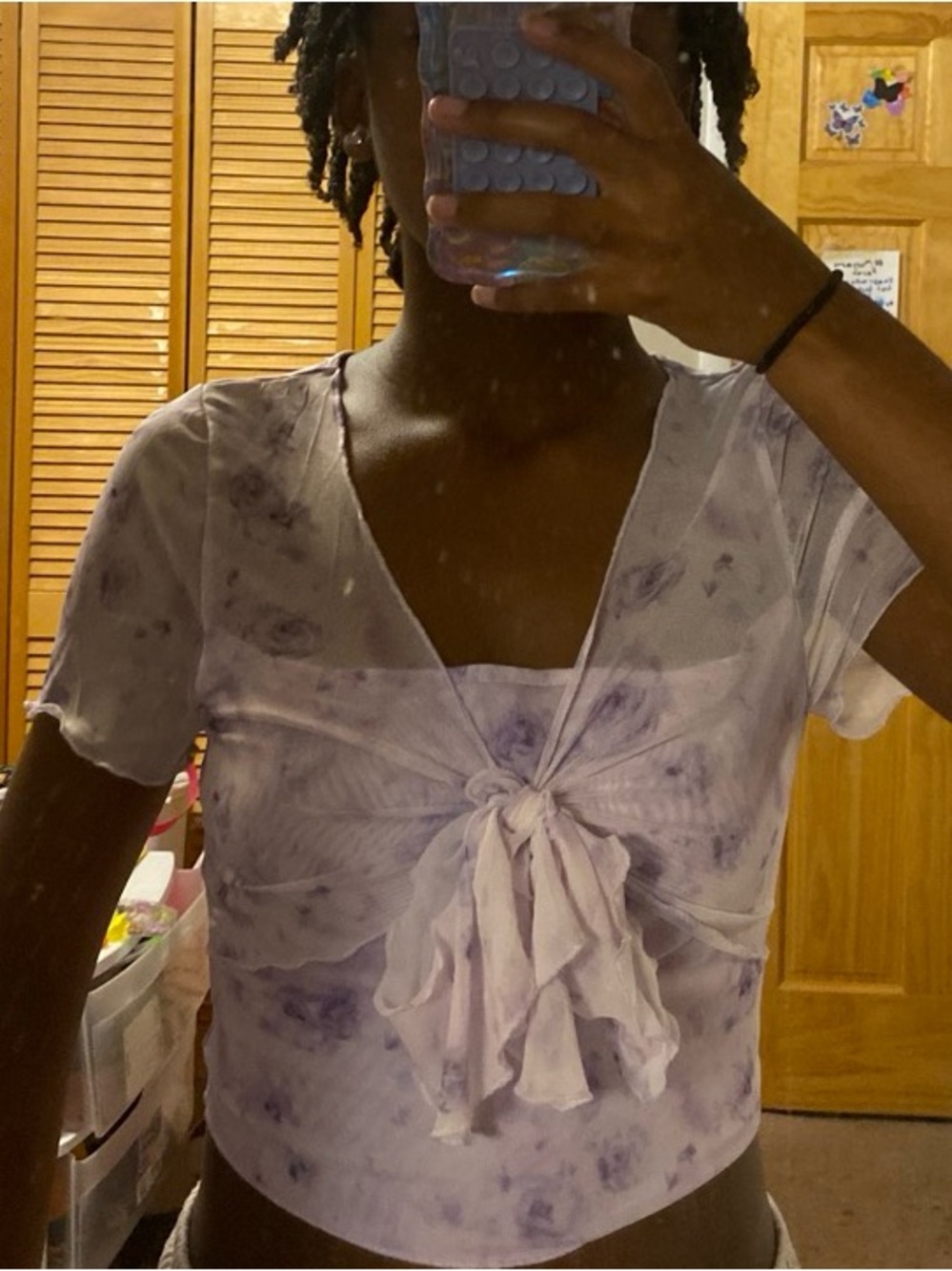 SHEIN Lilac Floral Tie-Front Crop Top
